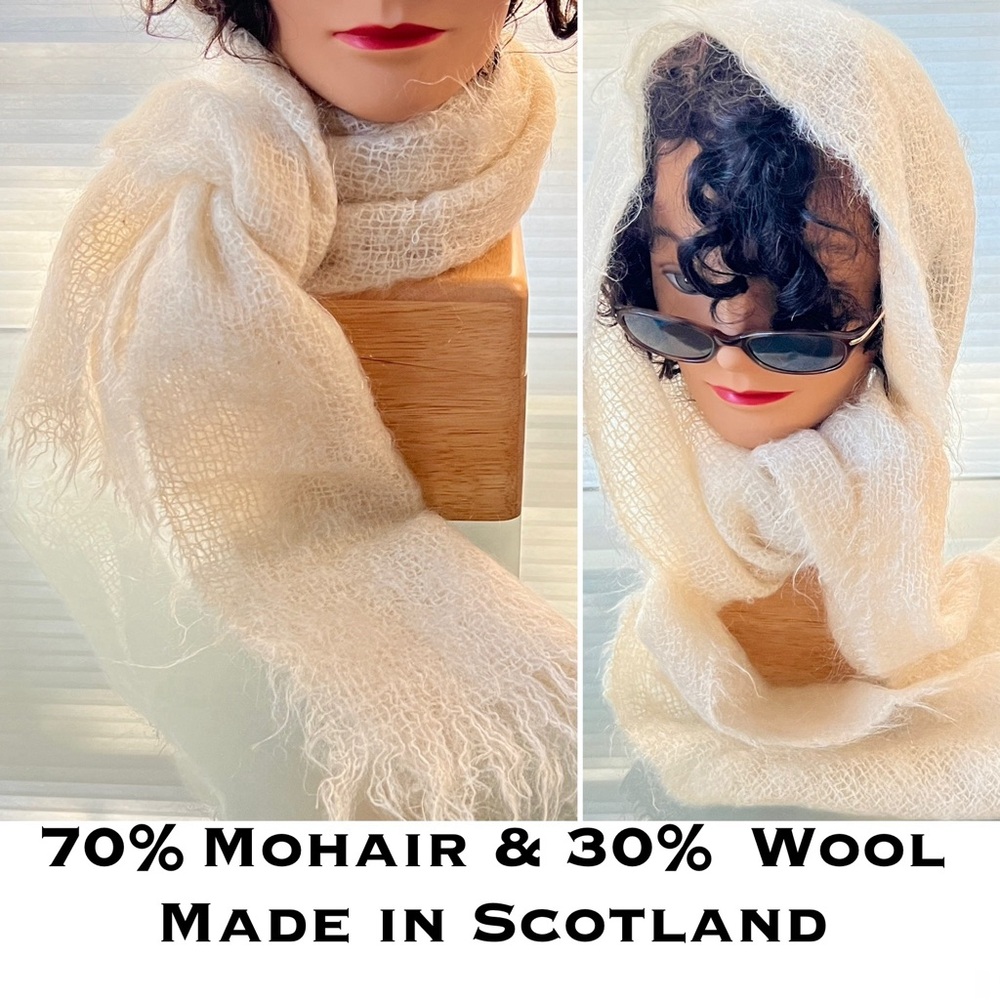 🏴󠁧󠁢󠁳󠁣󠁴󠁿SOFT VTG Mohair & Wool Thinly Woven Cream Scarf WPL 9362 Made in Scotland